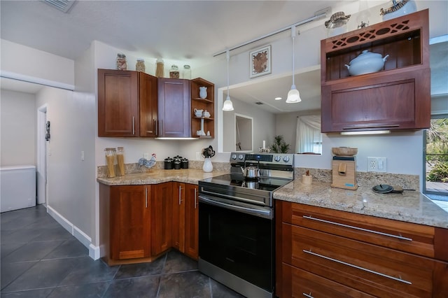 kitchen featuring stainless steel electric range, open shelves, dark tile patterned flooring, and baseboards
