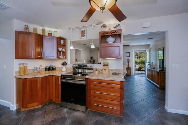 kitchen featuring open shelves, electric stove, visible vents, light stone countertops, and baseboards