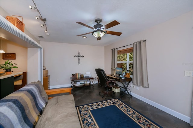 office space with recessed lighting, tile patterned floors, visible vents, baseboards, and ceiling fan