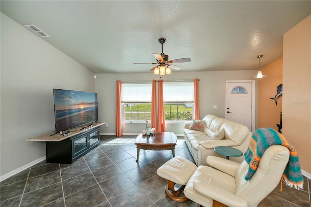 3175 Lakatos St, North Port, FL 34286 - living area featuring a textured ceiling, baseboards, visible vents, a ceiling fan, and dark tile patterned flooring
