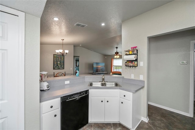 3175 Lakatos St, North Port, FL 34286 - kitchen featuring a textured ceiling, a sink, lofted ceiling, black dishwasher, and visible vents