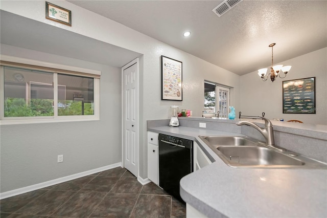 3175 Lakatos St, North Port, FL 34286 - kitchen with a sink, visible vents, a chandelier, lofted ceiling, and dishwasher