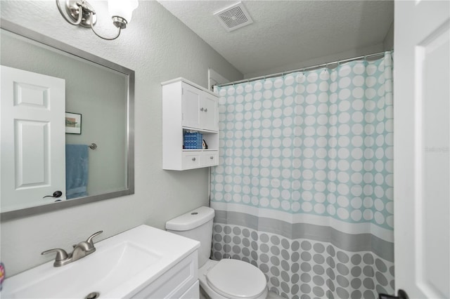 3175 Lakatos St, North Port, FL 34286 - bathroom featuring a shower with curtain, a textured ceiling, toilet, visible vents, and vanity