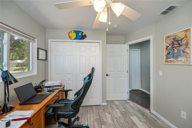 3175 Lakatos St, North Port, FL 34286 - office area with baseboards, a ceiling fan, visible vents, and light wood-style floors