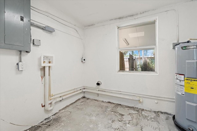 laundry room featuring electric panel, electric water heater, washer hookup, electric dryer hookup, and laundry area