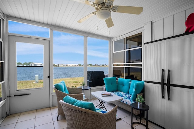 26290 Rampart Blvd Unit D, Punta Gorda, FL 33983 - sunroom featuring a water view, a ceiling fan, and an outdoor hangout area