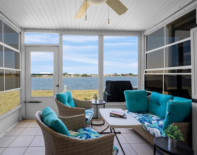 26290 Rampart Blvd Unit D, Punta Gorda, FL 33983 - sunroom / solarium featuring a water view, a ceiling fan, and outdoor lounge area