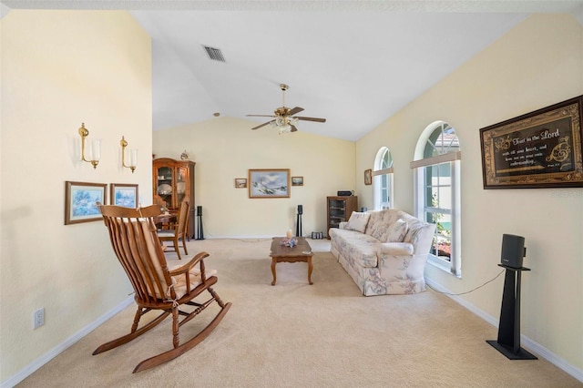 4461 La France Ave, North Port, FL 34286 - living area with carpet, lofted ceiling, ceiling fan, and baseboards
