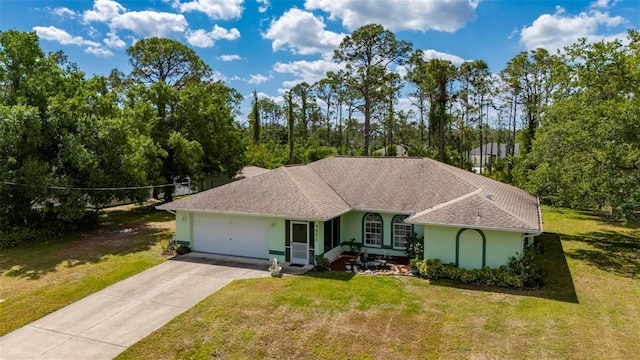 4461 La France Ave, North Port, FL 34286 - ranch-style home with a garage, concrete driveway, a front lawn, stucco siding, and a shingled roof