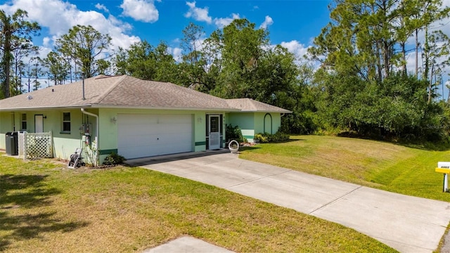 4461 La France Ave, North Port, FL 34286 - single story home with stucco siding, a garage, driveway, a front yard, and central air condition unit