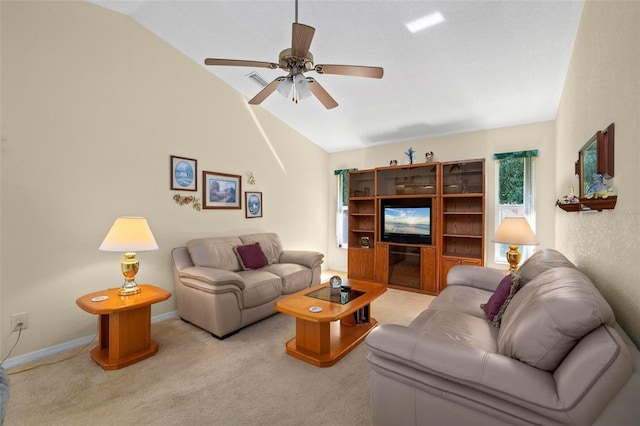 4461 La France Ave, North Port, FL 34286 - carpeted living room with lofted ceiling, ceiling fan, and baseboards