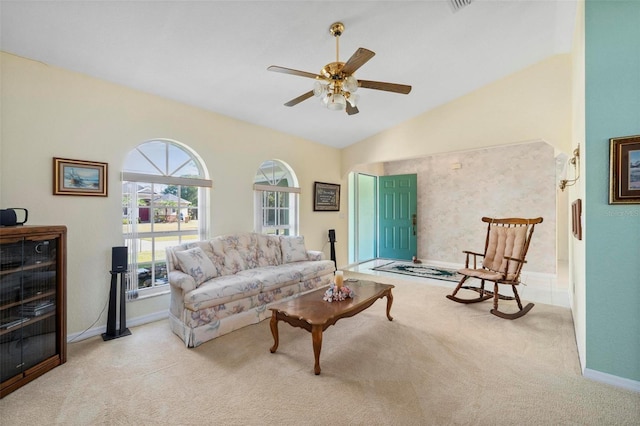 4461 La France Ave, North Port, FL 34286 - carpeted living area featuring a ceiling fan, lofted ceiling, and baseboards