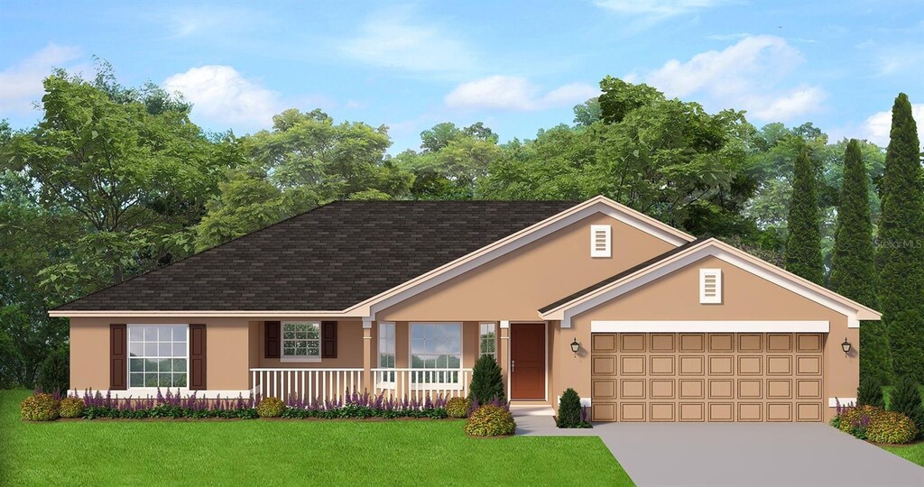 view of front of home featuring a garage, a porch, a front yard, and stucco siding