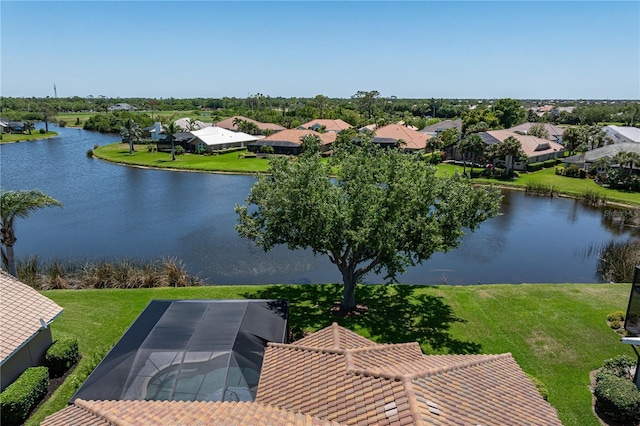 aerial view featuring a water view and a residential view