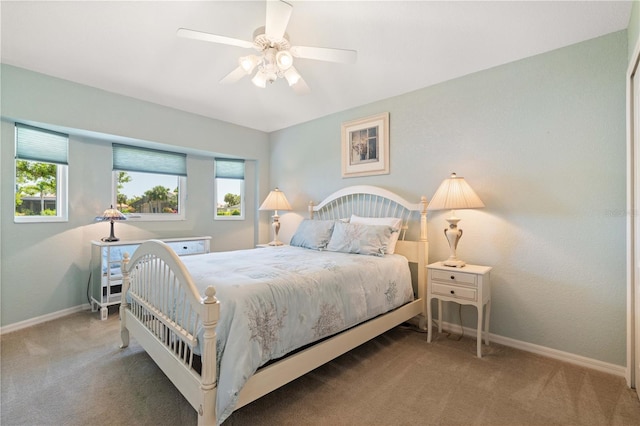 bedroom featuring baseboards, multiple windows, and carpet