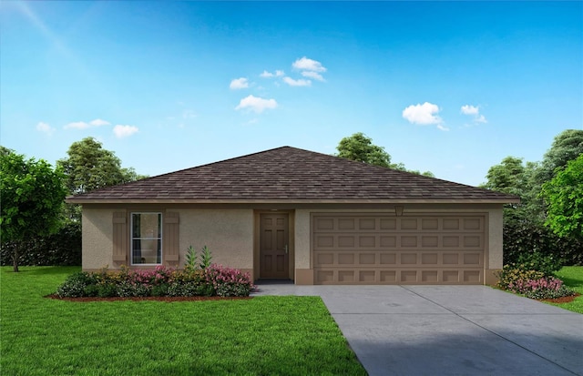 ranch-style home with a front lawn, driveway, a shingled roof, a garage, and stucco siding