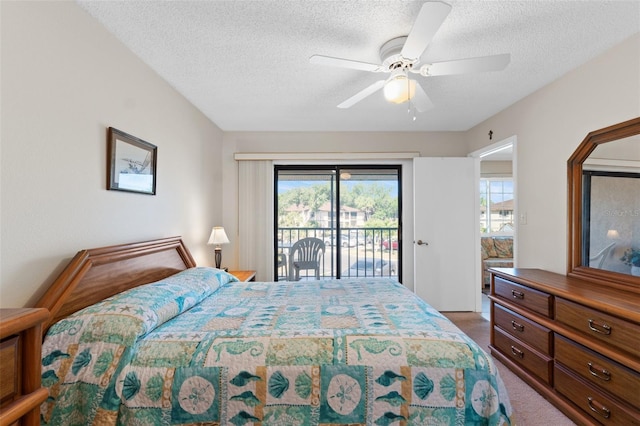 bedroom featuring carpet floors, access to outside, a ceiling fan, and a textured ceiling