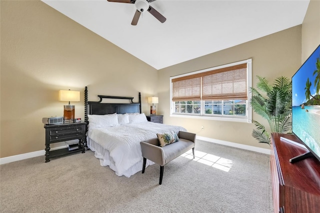 bedroom with ceiling fan, lofted ceiling, carpet flooring, and baseboards