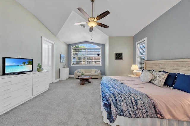 bedroom featuring visible vents, vaulted ceiling, carpet floors, a ceiling fan, and baseboards