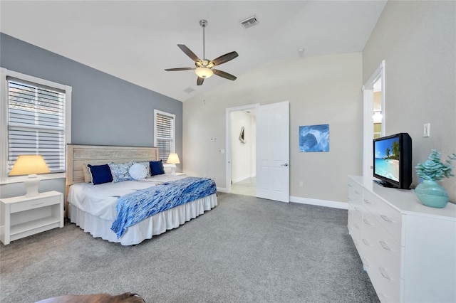 bedroom with visible vents, vaulted ceiling, carpet flooring, a ceiling fan, and baseboards