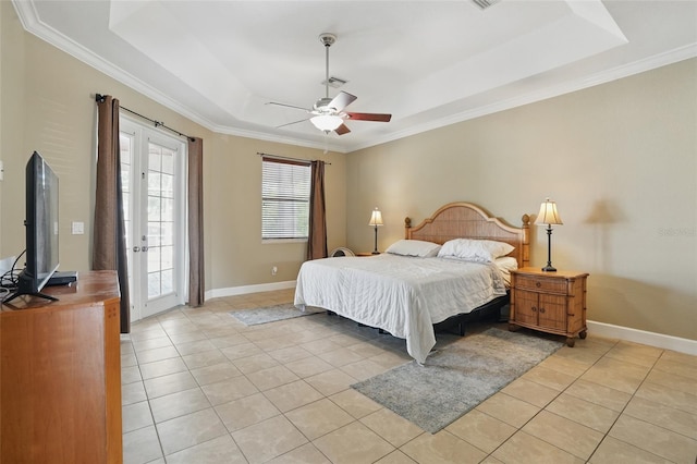 1811 Irving Ave, Lehigh Acres, FL 33972 - bedroom featuring light tile patterned floors, a raised ceiling, crown molding, baseboards, and ceiling fan