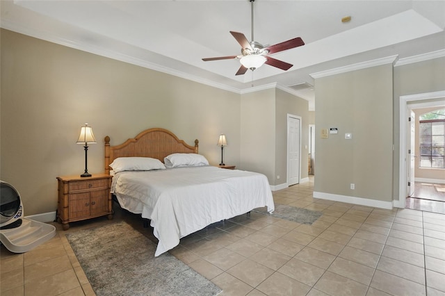 1811 Irving Ave, Lehigh Acres, FL 33972 - bedroom with light tile patterned floors, crown molding, baseboards, and a ceiling fan