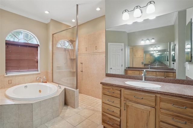1811 Irving Ave, Lehigh Acres, FL 33972 - full bathroom with walk in shower, a garden tub, vanity, and tile patterned floors