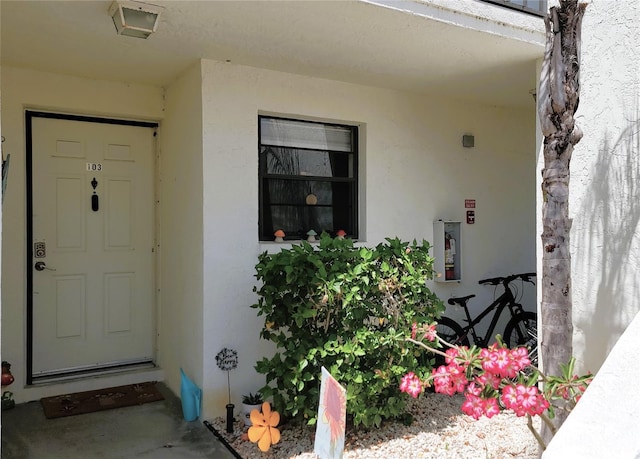 view of exterior entry with stucco siding