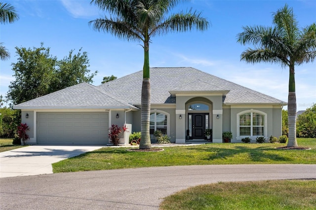 27147 Guapore Dr, Punta Gorda, FL 33983 - view of front of house featuring a garage, a front lawn, driveway, and stucco siding
