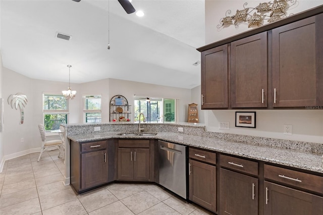 27147 Guapore Dr, Punta Gorda, FL 33983 - kitchen with a sink, ceiling fan with notable chandelier, light tile patterned flooring, dishwasher, and visible vents