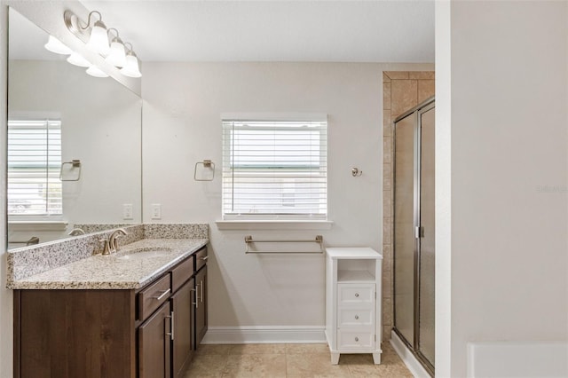 27147 Guapore Dr, Punta Gorda, FL 33983 - bathroom with a shower stall, baseboards, vanity, and a wealth of natural light