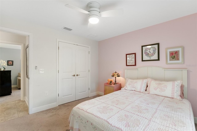 27147 Guapore Dr, Punta Gorda, FL 33983 - carpeted bedroom with baseboards, a ceiling fan, visible vents, and a closet