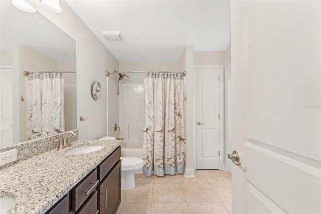 27147 Guapore Dr, Punta Gorda, FL 33983 - bathroom featuring tile patterned floors, a sink, shower / bathtub combination with curtain, double vanity, and toilet