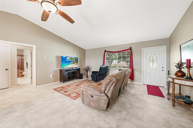 living room featuring high vaulted ceiling, a ceiling fan, baseboards, and light tile patterned flooring