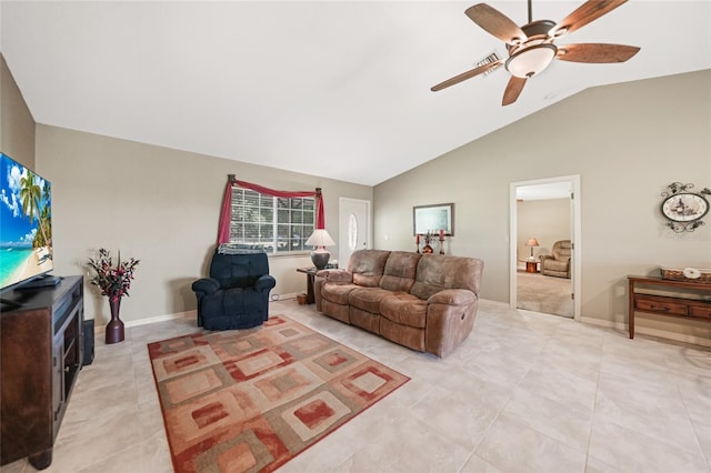 living room featuring light tile patterned flooring, vaulted ceiling, and ceiling fan
