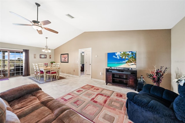 living area featuring lofted ceiling, visible vents, light tile patterned flooring, baseboards, and ceiling fan with notable chandelier