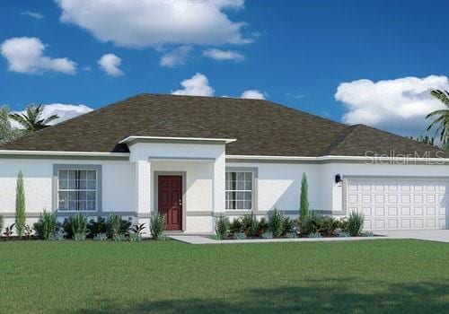 1762 S San Mateo Dr, North Port, FL 34288 - view of front of property with a shingled roof, stucco siding, driveway, a front yard, and a garage
