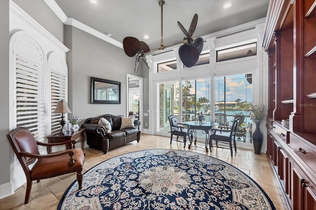 3866 Turtle Dove Blvd, Punta Gorda, FL 33950 - living room featuring crown molding, recessed lighting, a towering ceiling, and baseboards