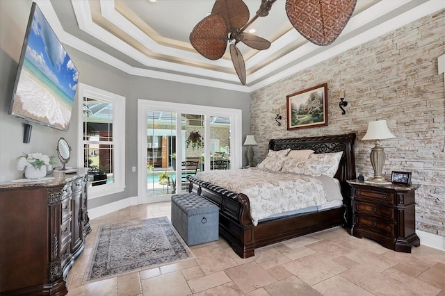 3866 Turtle Dove Blvd, Punta Gorda, FL 33950 - bedroom with access to exterior, a tray ceiling, stone tile floors, ceiling fan, and ornamental molding