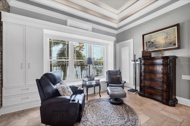 3866 Turtle Dove Blvd, Punta Gorda, FL 33950 - living area featuring a wall mounted AC, stone tile flooring, crown molding, baseboards, and a water view