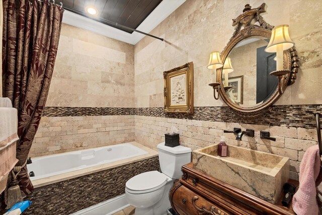 3866 Turtle Dove Blvd, Punta Gorda, FL 33950 - bathroom featuring tile walls, tiled shower / bath combo, toilet, vanity, and crown molding