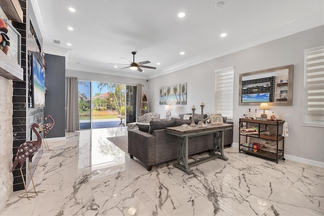 303 11th Ave E, Palmetto, FL 34221 - living room with crown molding, recessed lighting, ceiling fan, marble finish flooring, and baseboards