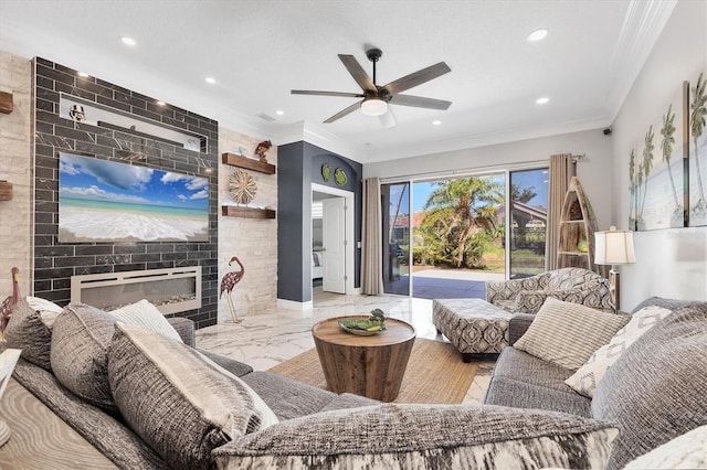 303 11th Ave E, Palmetto, FL 34221 - living area featuring a ceiling fan, recessed lighting, crown molding, and a fireplace
