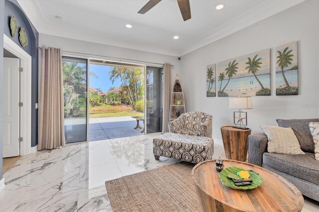 303 11th Ave E, Palmetto, FL 34221 - living area featuring recessed lighting, crown molding, ceiling fan, and light marble finish flooring