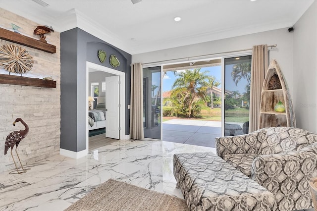 303 11th Ave E, Palmetto, FL 34221 - bedroom featuring access to exterior, ornamental molding, marble tiled floors, recessed lighting, and baseboards