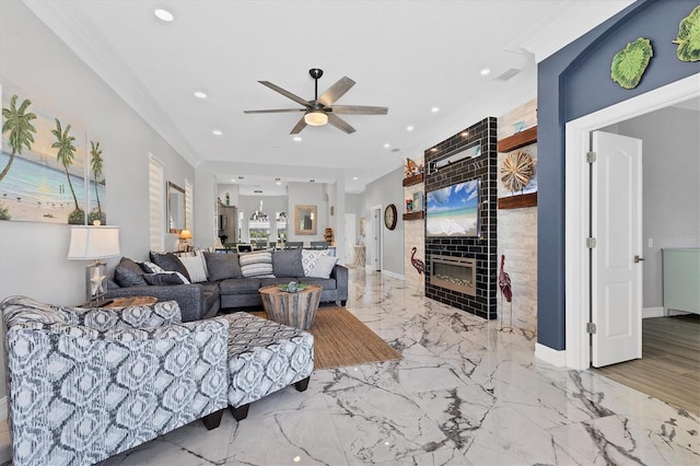 303 11th Ave E, Palmetto, FL 34221 - living room with a ceiling fan, baseboards, recessed lighting, and marble tiled floors