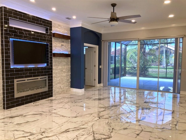 303 11th Ave E, Palmetto, FL 34221 - unfurnished living room featuring marble tiled floors, ceiling fan, recessed lighting, and ornamental molding