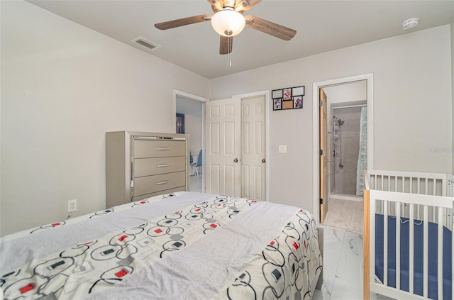 4516 Santa Barbara Blvd Unit 1, Cape Coral, FL 33914 - bedroom with marble finish floor, ceiling fan, and visible vents