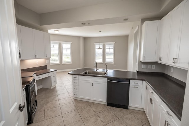 kitchen with a peninsula, a sink, dark countertops, black / electric stove, and dishwasher