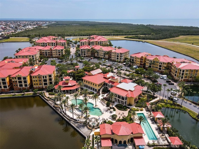 drone / aerial view with a water view